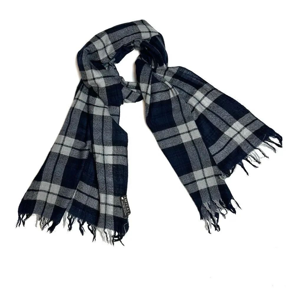 Amicale Wool Large Oblong Scarf Plaid Gray Black Lightweight Men's Women's